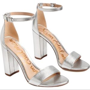 SAM EDELMAN Yaro Block Heel 4” Leather Sandal Silver Shimmer Metallic Size 8.5